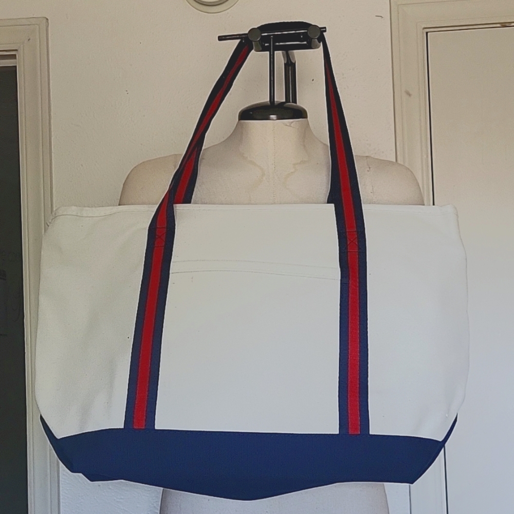White Canvas Tote with Navy Base and Striped Shoulder Straps - Picture 3 of 4